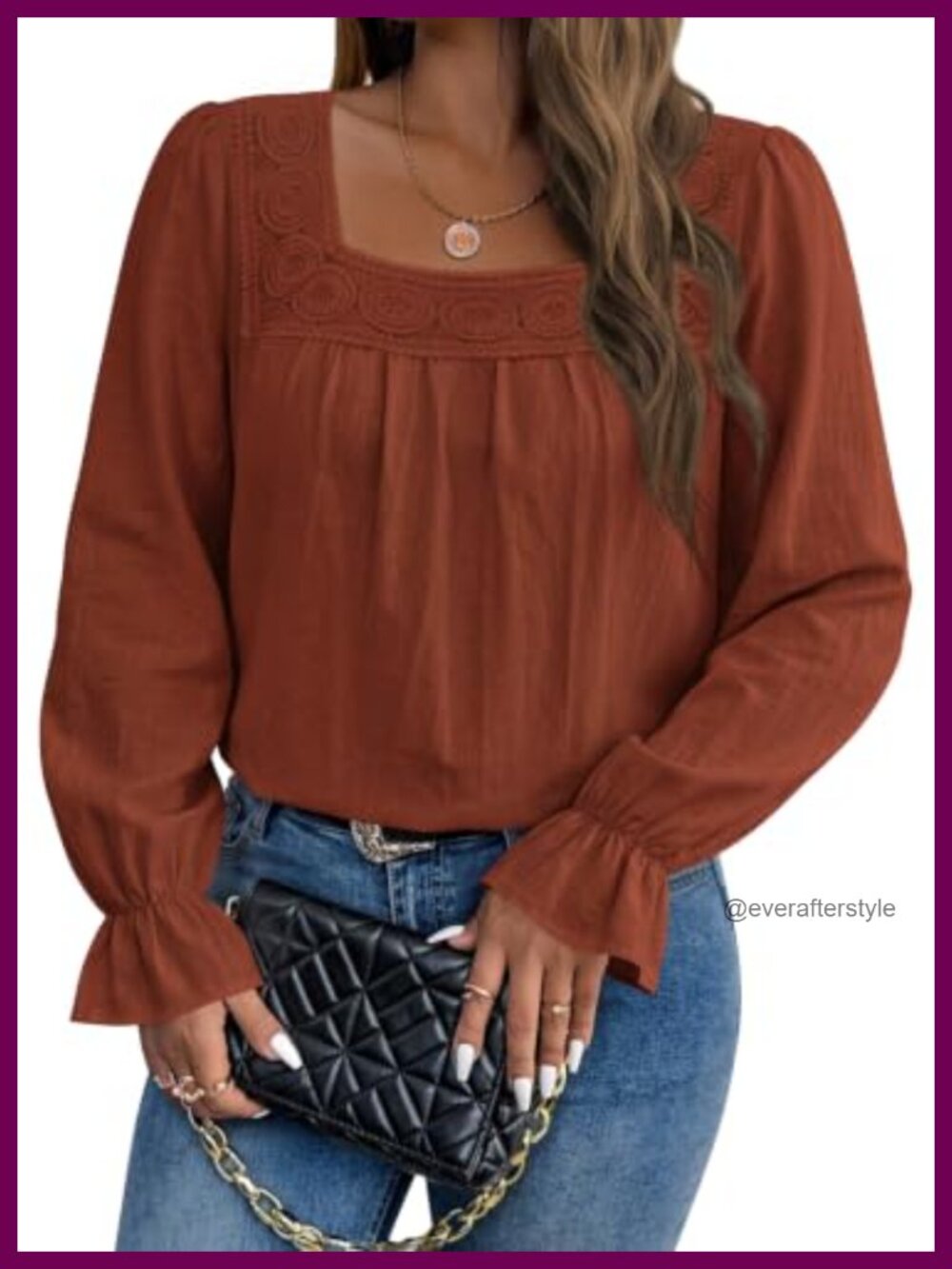 Womens Boho Eyelet Lace Square Neck Blouse Long Sleeve Puff Ruffle Top